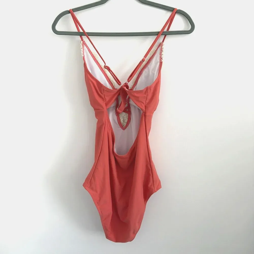 CUPSHE Womens Sz M One Piece Swimsuit Peach Coral Floral Lace Crochet Boho EUC